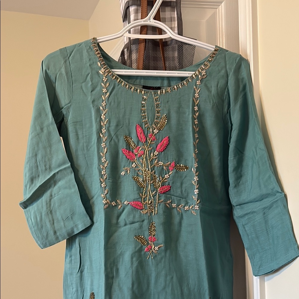 Embroidered Teal Tunic with Pink Accents